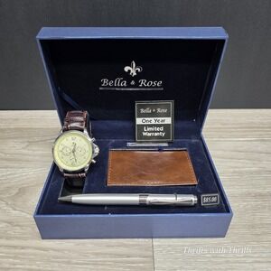 Bella & Rose Gift Set - Men's Watch, Pen, Business Card Holder Gift Set - New